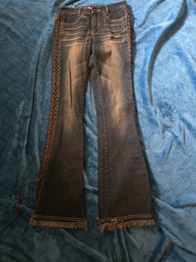Women’s Dark Wash Flared Jeans with Side Lace-Up Detail